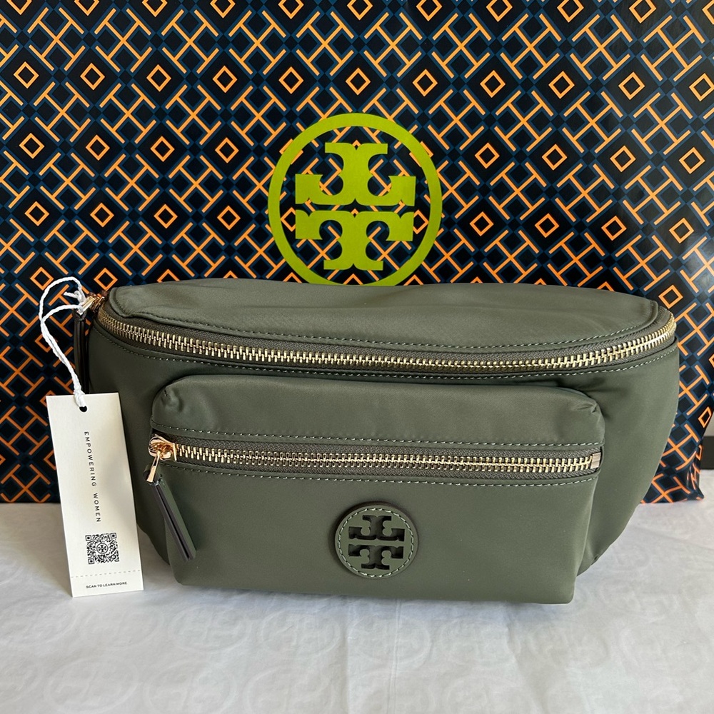 Tory Burch Nylon Belt Bag Black Fanny Pack Palm Leaf Gold Green